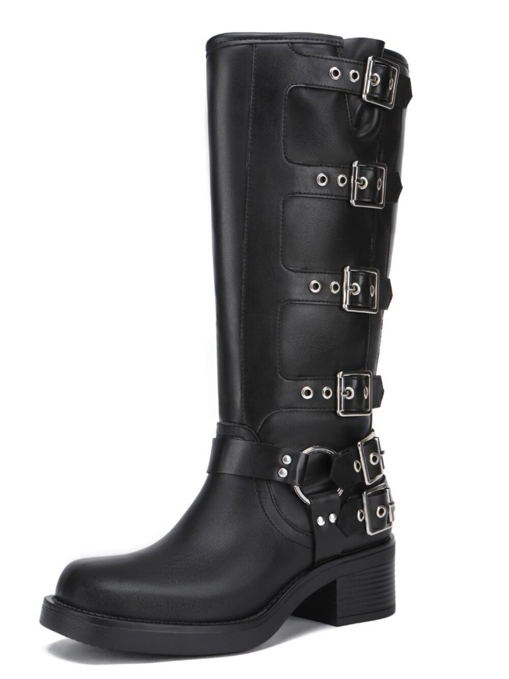 🆕 Womens Knee High Boots Square Toe Motorcycle Boots with Fashion Buckle Biker